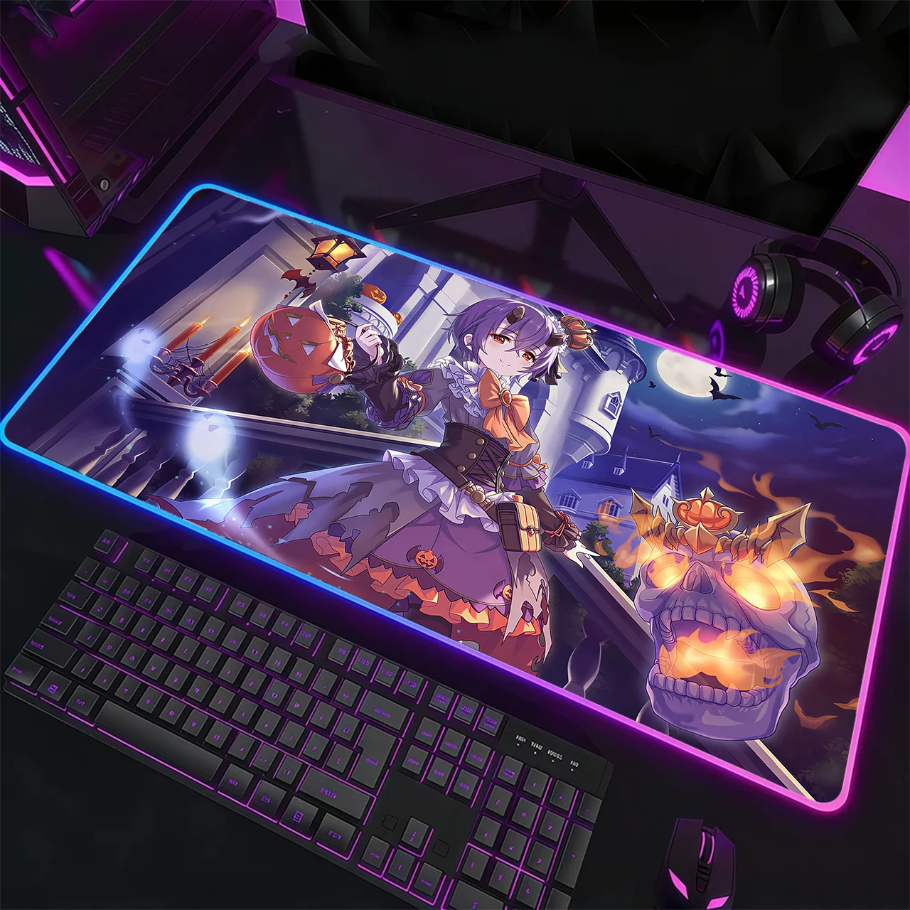 RGB Gaming Mouse Pad, XXL LED Desk Mat, Glowing Edge, Anti-slip Base, Black Hair Girl Candy Shop Heart Chocolate Print Table Mat