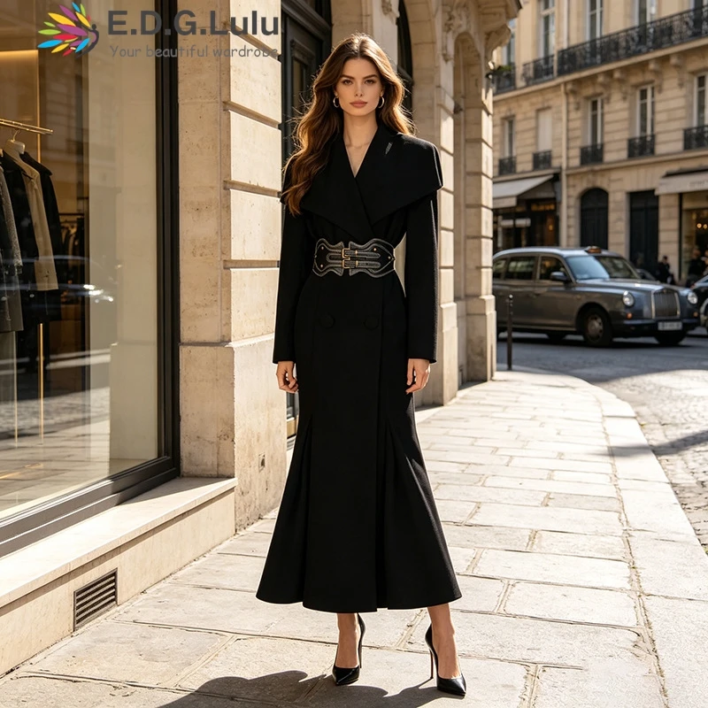 EDGLuLu Luxury Brands For Designer Big Turn-Down Collar Black Long Coat Long Sleeved Double Breasted Windbreaker 0710