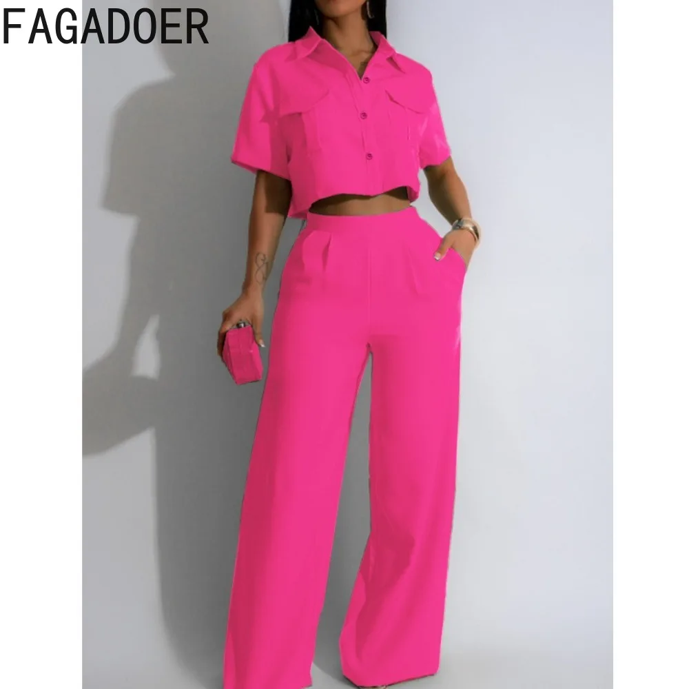 

FAGADOER Fashion Solid Color Wide Leg Pants Two Piece Sets Women Turndown Collar Short Sleeve Crop Top And Pants Outfits 2024