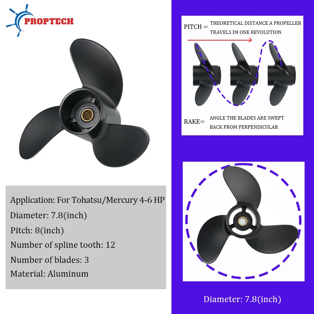 For Tohatsu Mercury 4hp 5hp 6hp 7.8*8 Outboard Propeller Boat Aluminum Alloy Screw 3R1W64516-0 3 Blade 12 Spline Ship Motor