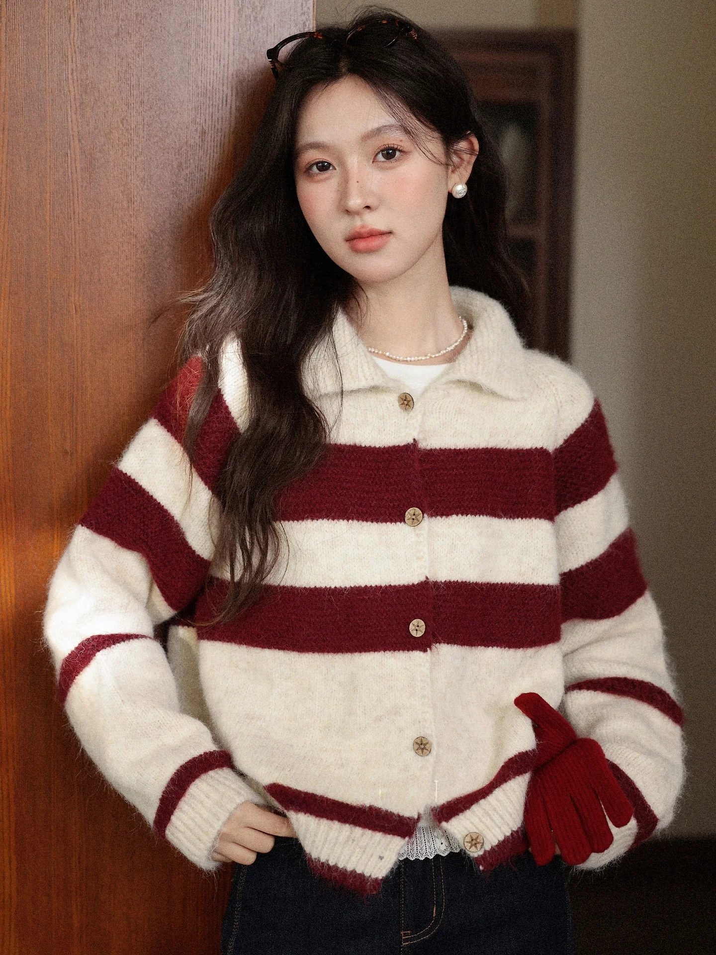 

South Deer Cisas, вязаный свитер в красную полоску, женский осенне-зимний ленивый открытый кардиган с верхним воротником, обычная длина све