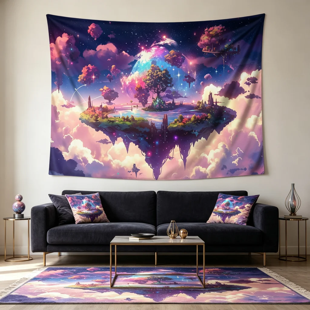 1PC Floating Island Starry Art Print Backdrop Banner, Bedroom Living Room Photo Background, Polyester, Home Decor, Wall Art