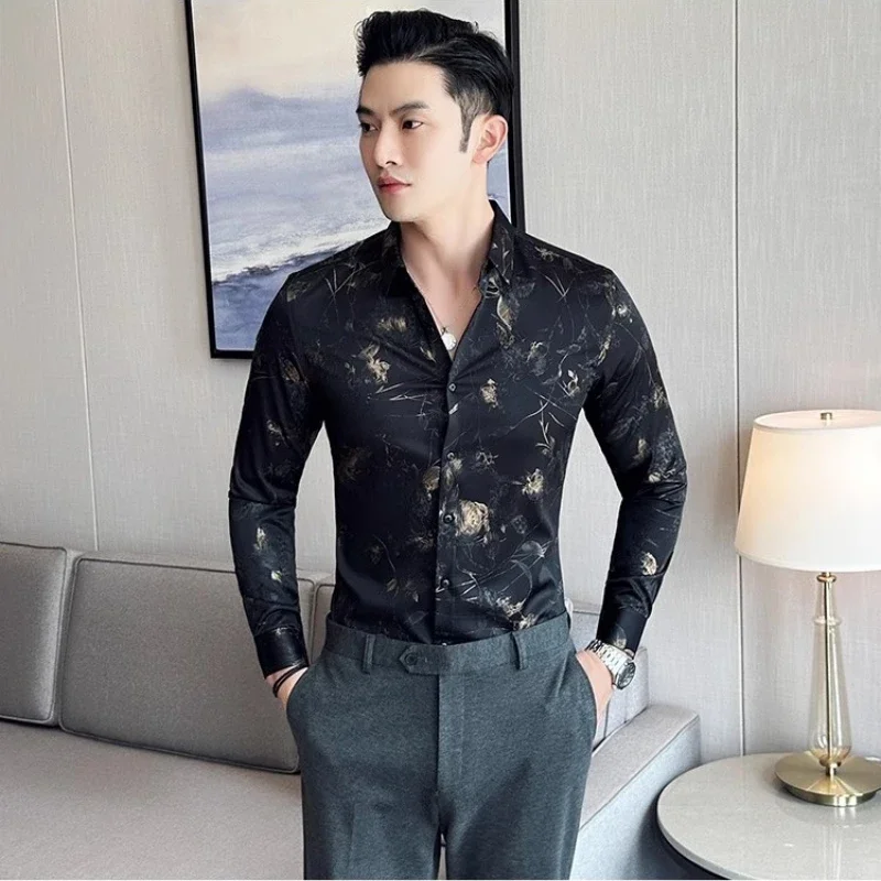 

Luxury Gold Silk Printed Shirt Men Fashion Slim Fit Long Sleeved Casual Shirts Business Social Formal Dress Shirts Men Clothing