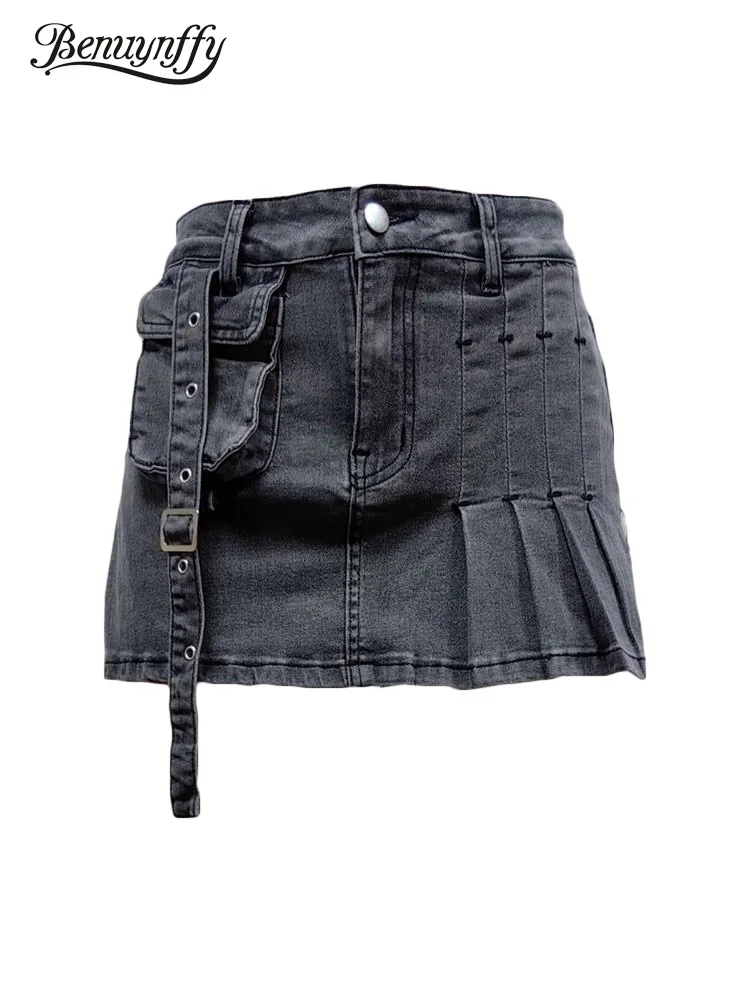 

Benuynffy New Women's Denim Shorts Skirts Summer Y2k Streetwear Retro Pleat Front High Waist Fashion Stretch Cargo Jeans Shorts