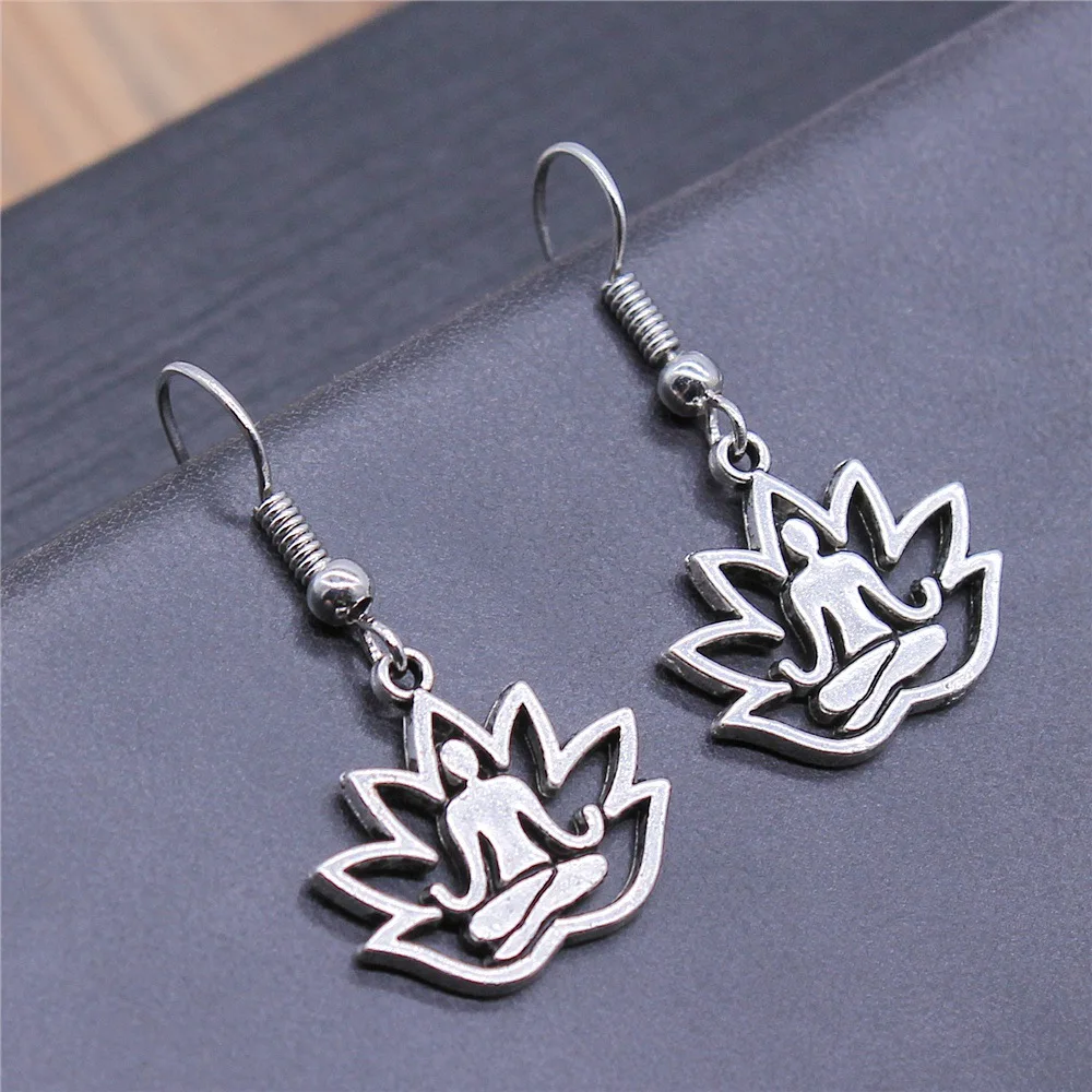 Fashion Handmade Simple Design Antique Silver Color Lotus Buddha Statue Pendant Earrings Drop Earrings