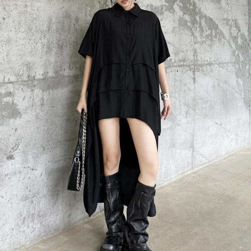 HKSH Spring Summer New Women Dress Irregular Hem Short Sleeves Single Breasted Casual Dark Elegant Ins Oversized Dresses HK16641