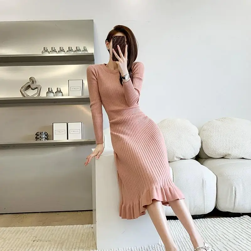 Women O Neck Ribbed Knit Midi Dress Long Sleeve Slim Fit Ruffle Hem Bodycon Sweater Dress