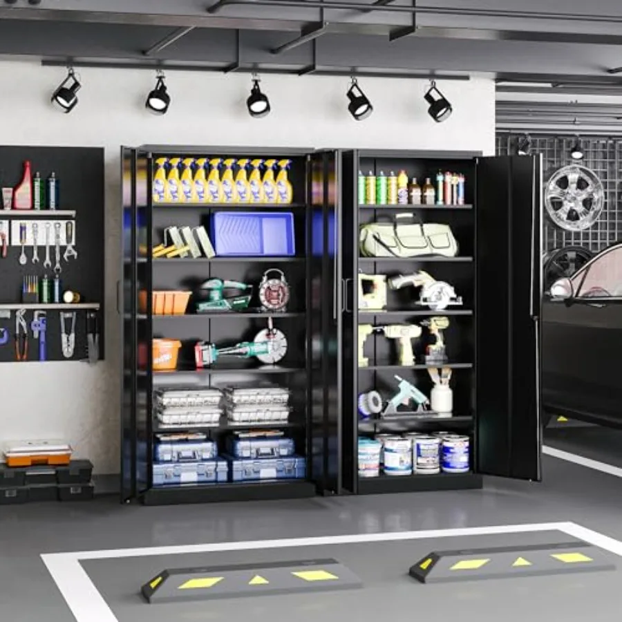 Metal Garage Storage Cabinet, Tall Cabinet with Doors and Adjustbale Shees, Lockable Tool Cabinet for Garage, Basement, Home Of