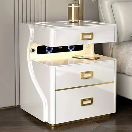 طاولة بجانب السرير الذكية الفاخرة الحديثة مع أضواء LED شحن لاسلكي، أثاث تخزين خشبي لغرفة النوم ومكبر صوت بلوتوث آمن