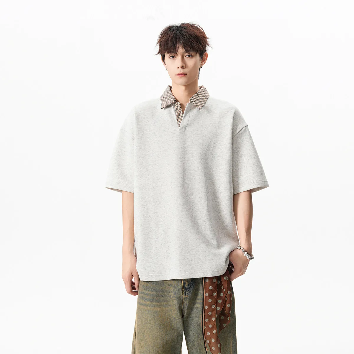 Fake Two Thousand Bird Grid Splicing Polo Shirts Men's Summer Loose Collar Short Sleeve Trendy Brand Contrasting Casual Top