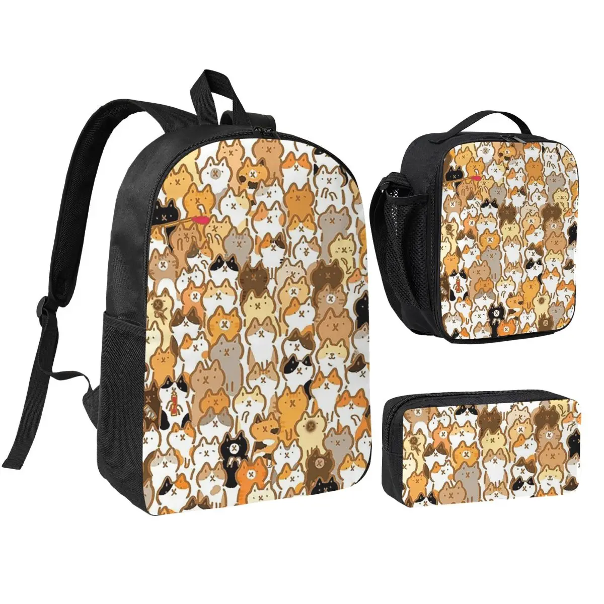Cute Kitten Cat Cartoon Pattern Backpack Boys Girls BookBag School Bag Shoulder Bags 3ps Insulated Lunch Bag Pencil Case