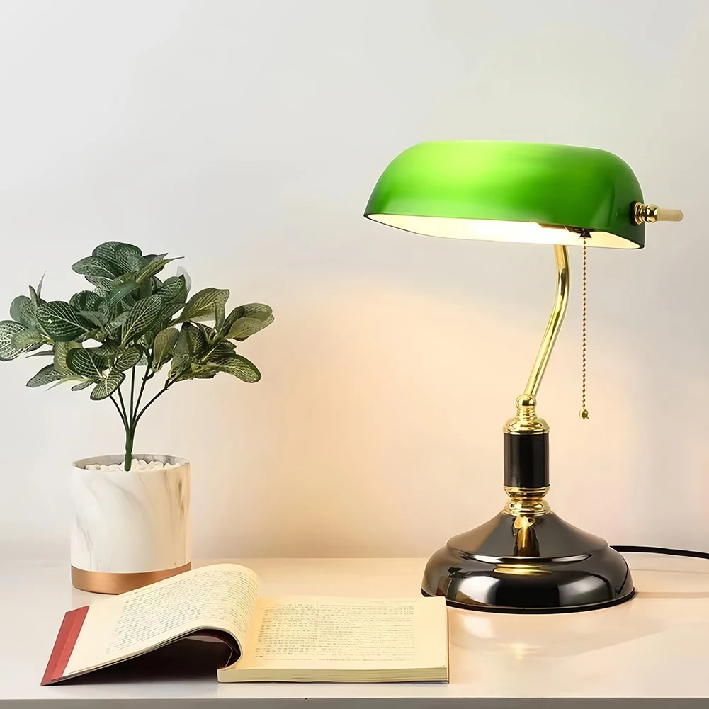 

Vintage Desk Lamp Green Glass Antique Table Lights With Brass Base Wireless Rechargeable Pull Chain Traditional Library Lamp