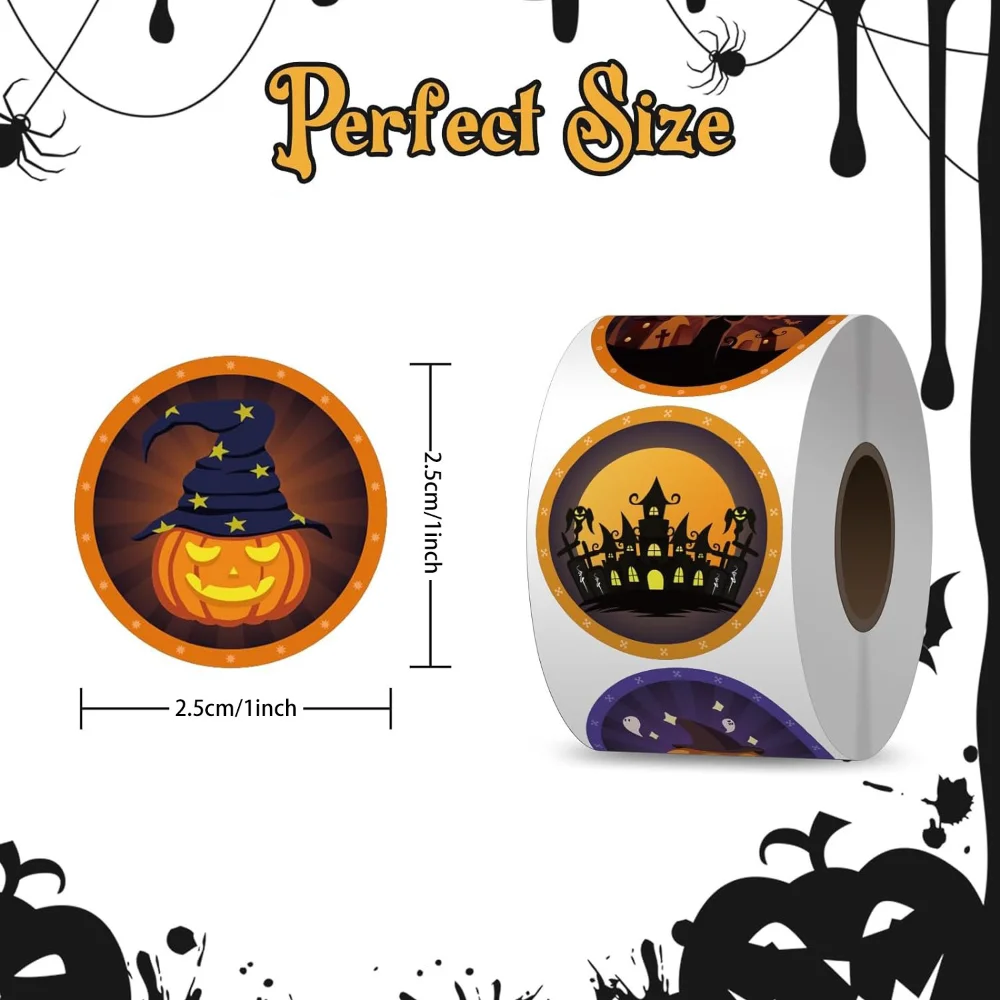 500pcs/Roll Halloween DIY Pumpkin Sticker Horror Cartoon Round Sealing Stickers PVC Laptop Decals Decoration Stiker Reward Gift