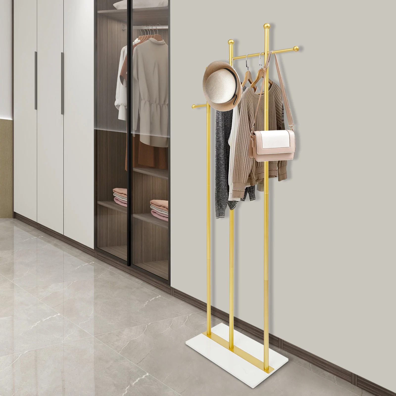 

Gold Iron 19.69 * 11.02 * 68.9 Inch Clothes Storage Rack High Load-bearing Clothes Hanger Simple Secondary Cleaning Area