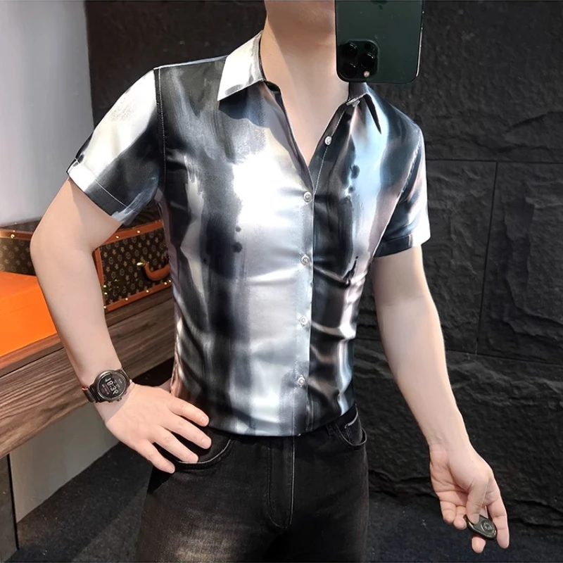 

High Quality Summer Tie Dye Short Sleeved Shirt Men Ice Silk Breathable Slim Casual Business Shirt Streetwear Social Shirts 2025