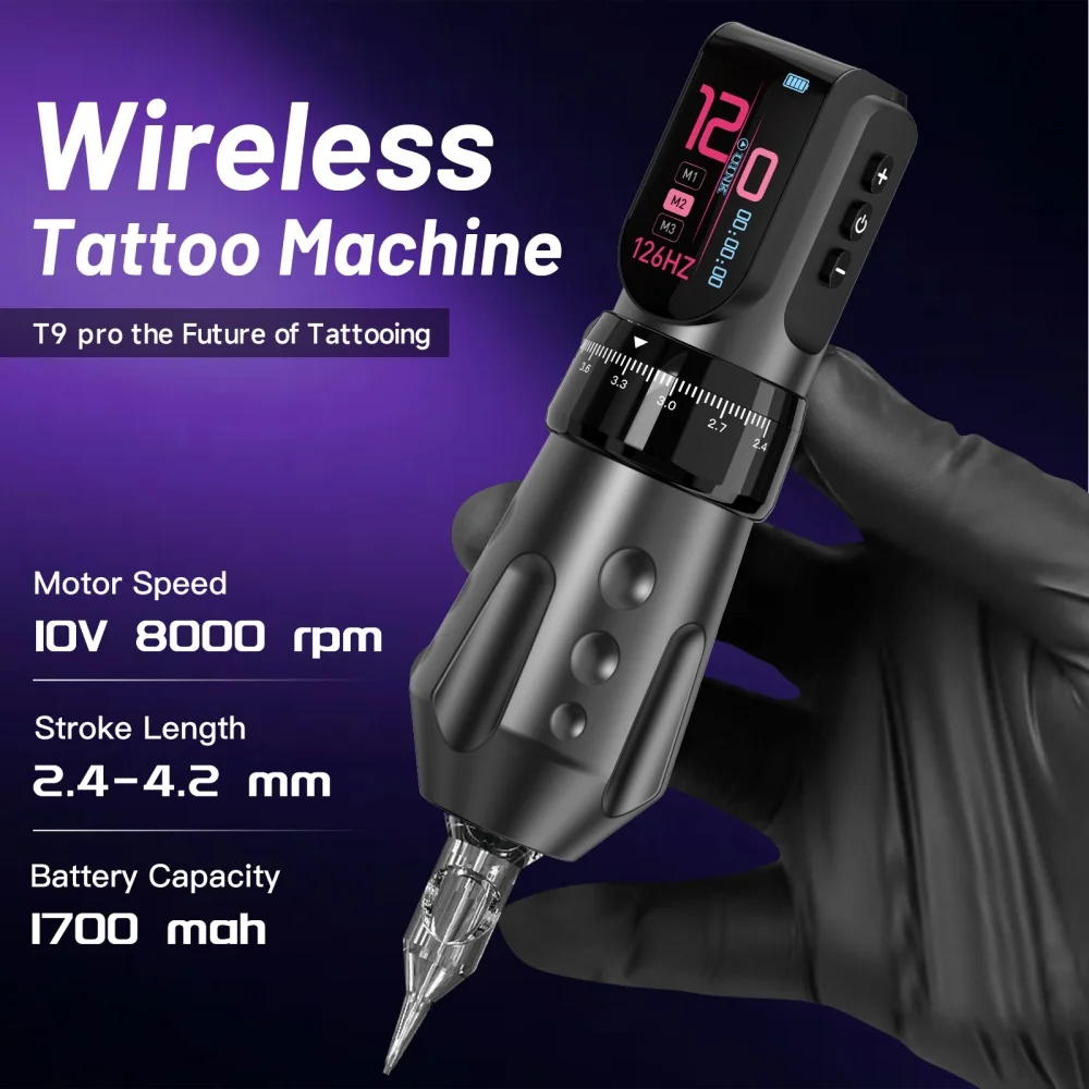 DQFART T9Pro Black Electric Wireless Tattoo Machine Colorful Led Digltal Display Tattoo Artists Kit Tattoo Ink Needles Beginner