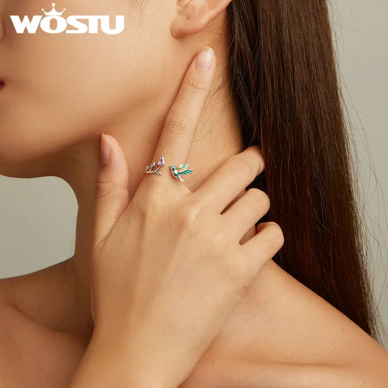 WOSTU 100% 925 Sterling Silver Kingfisher Open Ring For Women party Engagement flower bird style ring Fine Jewelry Gifts