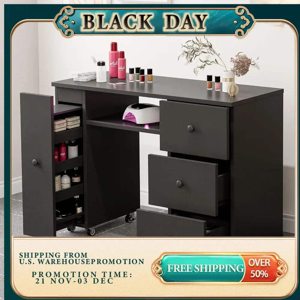 

Nail table with 3 drawers and storage cabinet, nail table stand with lockable wheels