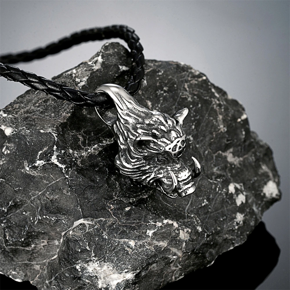 Punk Norse Viking Boar Necklaces Men Stainless Steel Medieval Vintage Beast Pendant Amulet Male Trendy Cool Self-defense Jewelry