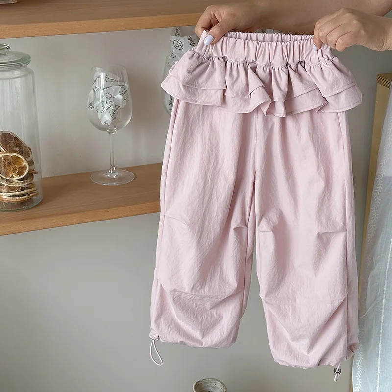 Girls Summer Thin Casual Pants Lace Trim Straight Leg Elastic Waist Loose Sports Trousers Quick Dry Mosquito Proof Pants for Kid