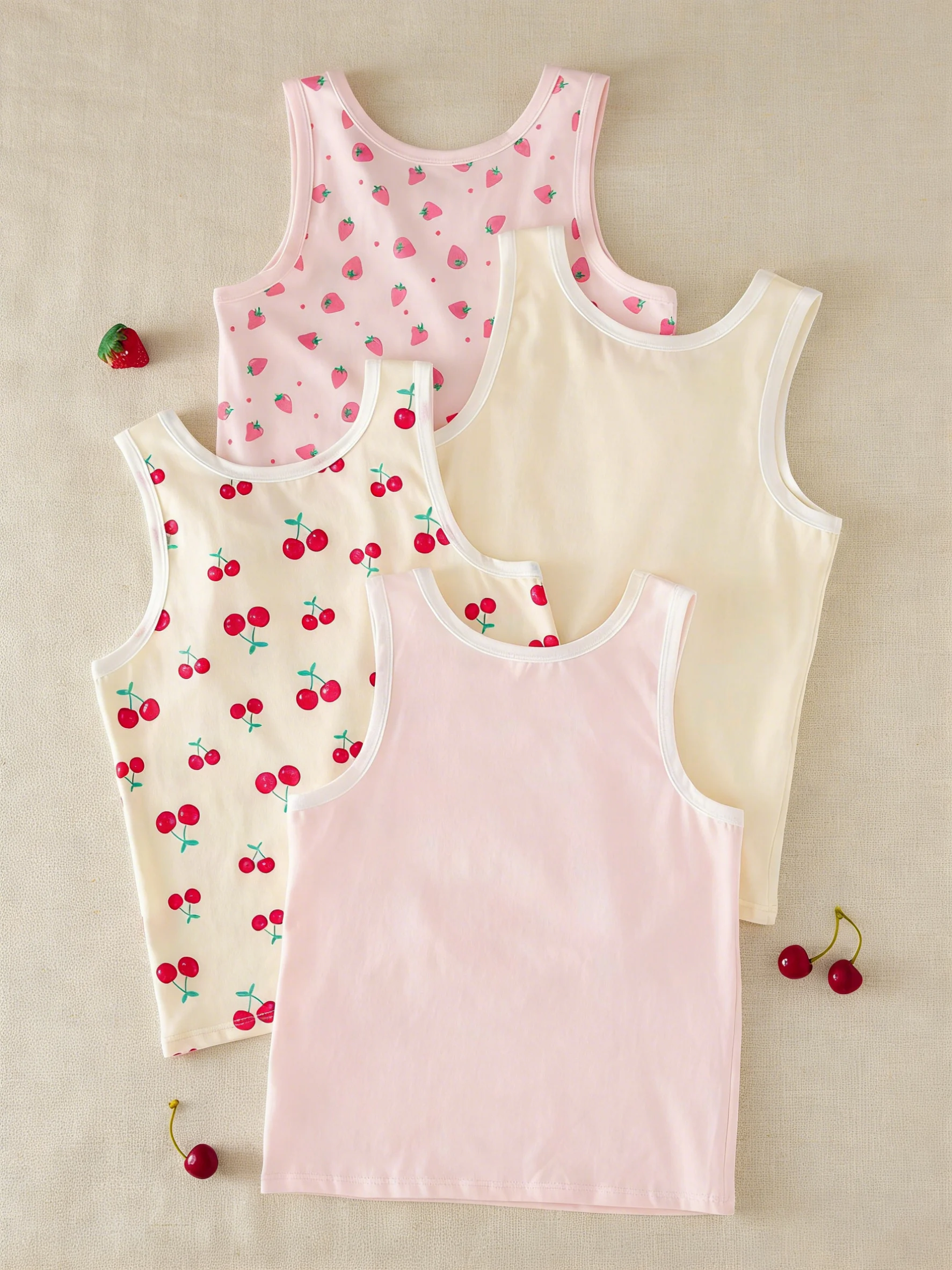 Four-Piece Set of Cute Strawberry and Cherry Fruit Series Printed Multi-Color Vests for Girls, Suitable for Wearing Inside or Outside as Base Layer Underwear