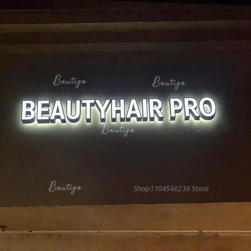 カスタムメイドの前面発光チャンネルレター、beautyhair-pro-led照明付き壁面ロゴ、大型ネオン発光ポスター看板