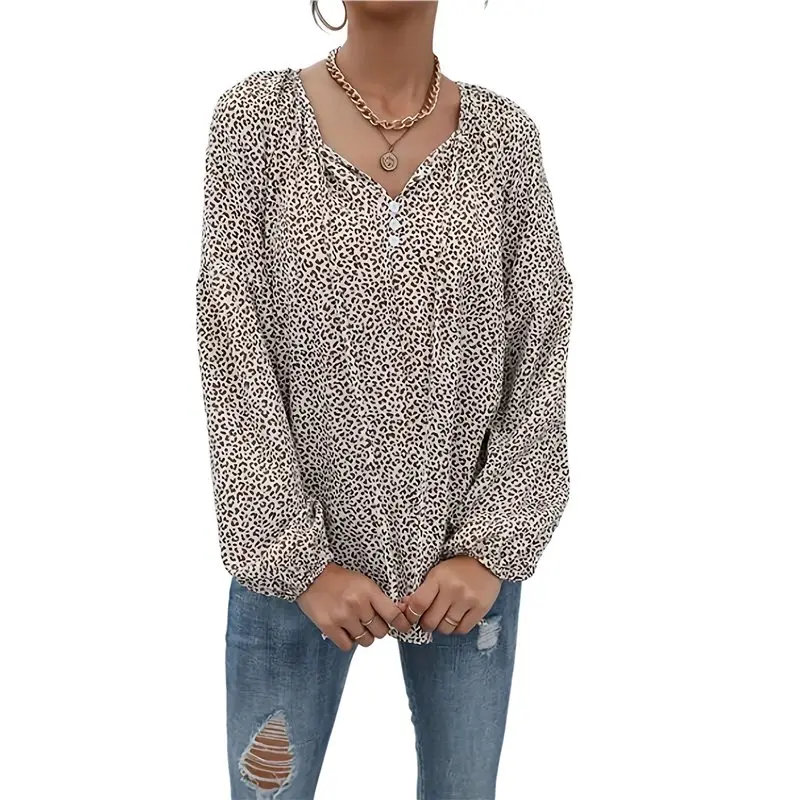 CYL-Women's V Neck Leopard Print Decorative Drawstring Long Sleeve Blouse