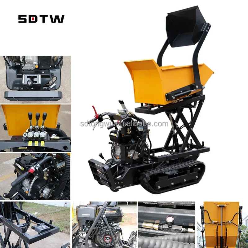 New 1Ton Mini Crawler High Tip Lifting Motocarriola Dumper 500kg 700kg Rubber Track Transporter Dumper for Hot Sale