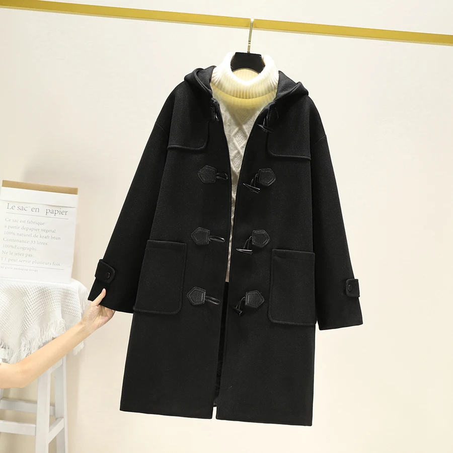 Winter Thiened Woolen Coat Women's Warm Cotton Plaid Mid-Length Hooded Jaet Korean Sle Commute Straight Tube pe