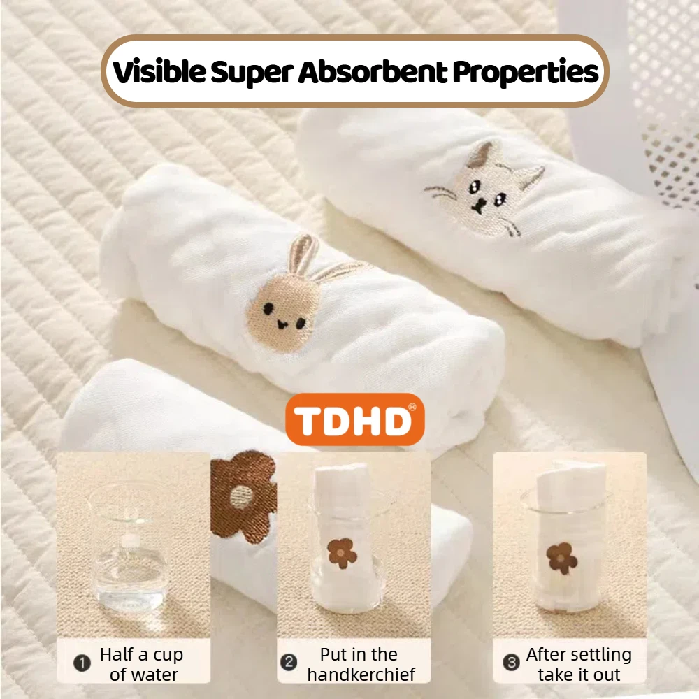 Toalha de bebê bordada de desenho animado fofo TDHD: panos macios para rosto, panos para recém-nascidos, lenços essenciais e babadores para crianças