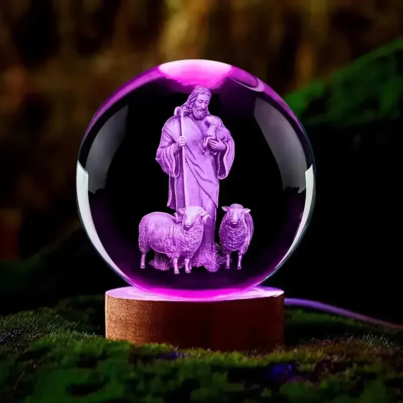 1 PC 3D Shepherd's Crystal Ball Nightlight,เลเซอร์แกะสลักรูปปั้นทางศาสนาของที่ระลึกตกแต่ง,รูปปั้นตกแต่งบ้าน