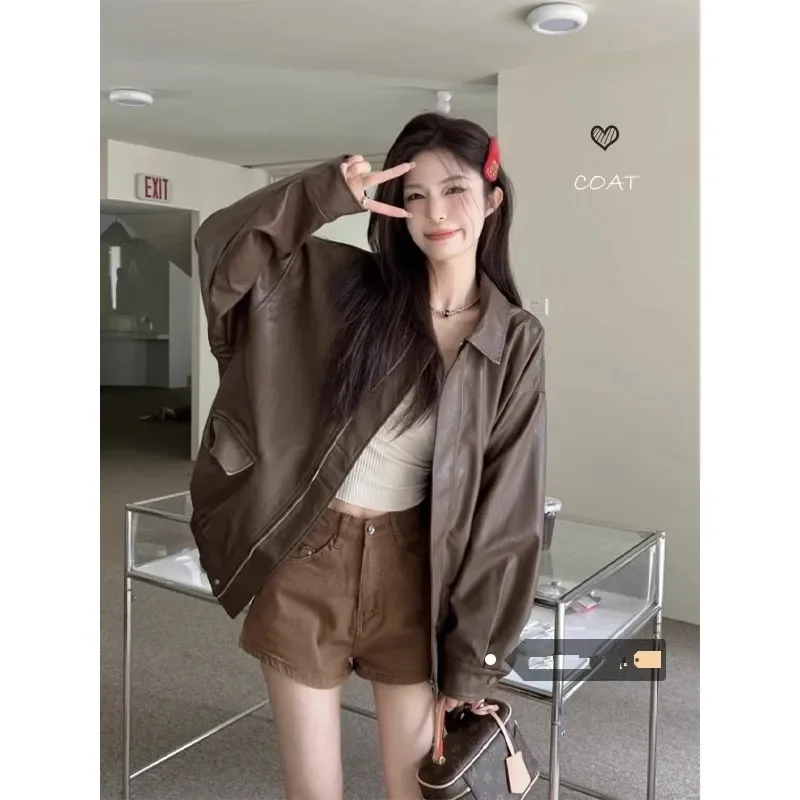 Spring Autumn Cool Handsome Retro Oversized Distressed Brown Soft Faux Leather Jackets for Women Zipper Runway Fashion