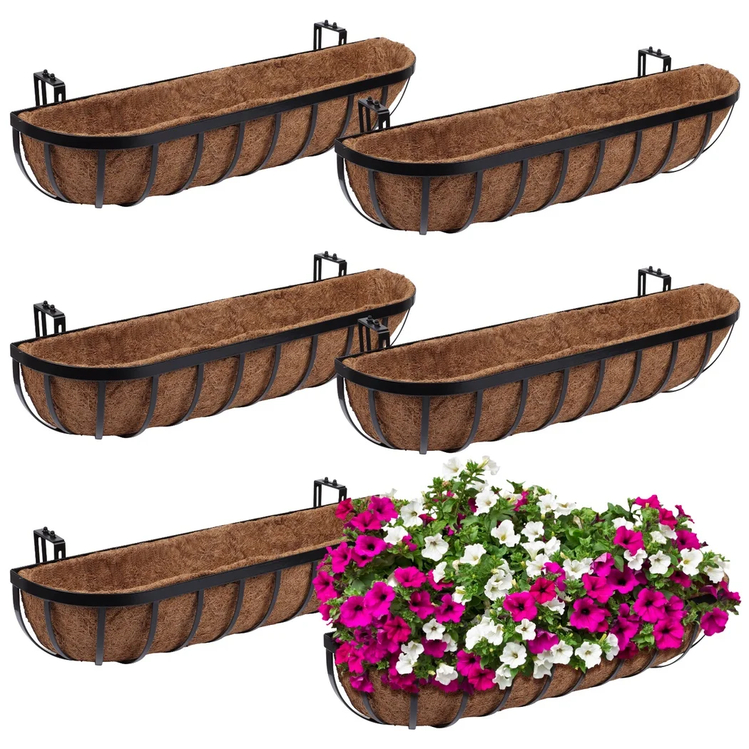 

6Pcs Window Deck Railing Planters Boxes With Coconut Liner Window Planter Basket For Outdoor Fence Porch Lawn Hanging Flower