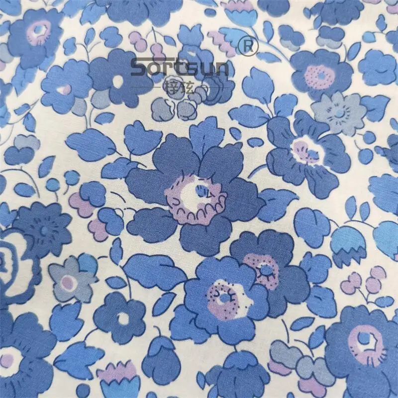 Betsy Blue Purple Floral 100% Cotton 80S Like Liberty Fabric Digital Printing For Sewing Cloth Dresses Skirt Kids Design Poplin