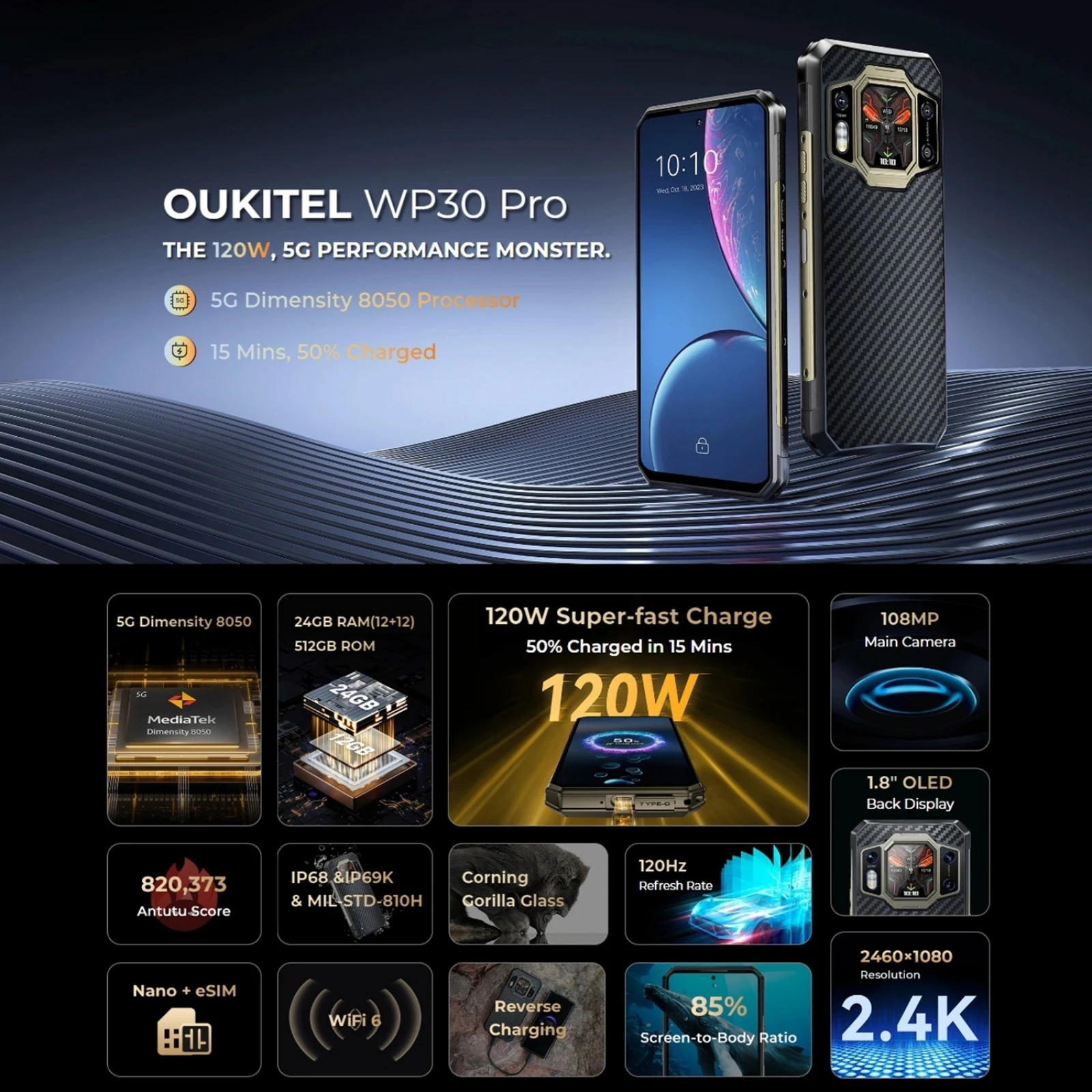 Oukitel WP30 Pro Rugged Phone 12GB+512GB 108MP Camera 11000mAh 6.78 inch + 1.8inch MediaTek Dimensity 8050 NFC OTG 5G Smartphone