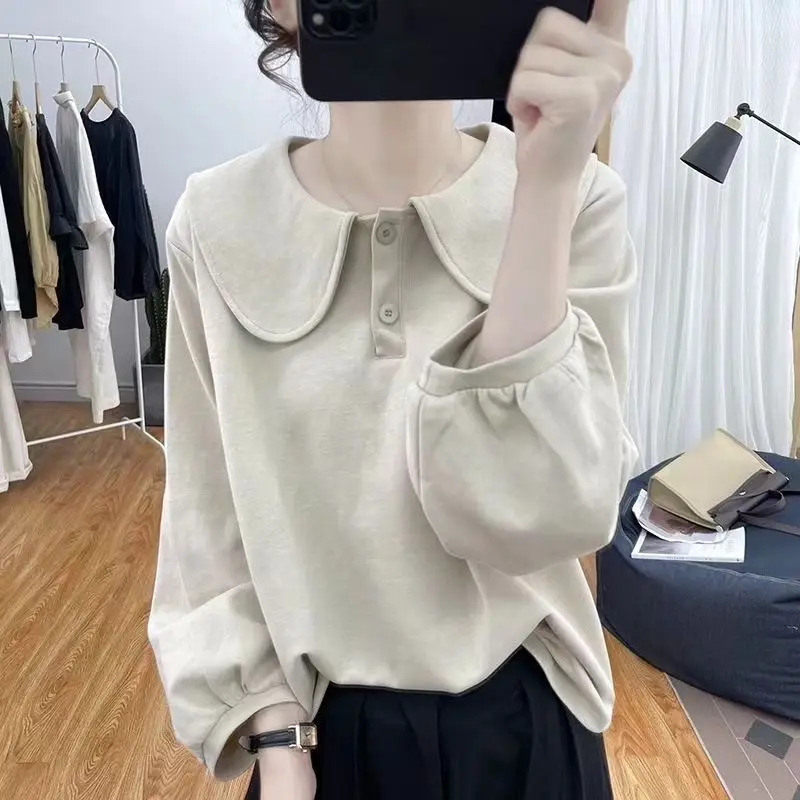 

Women's Pullover Spring and Autumn Loose Lantern Sleeve Hoodies 2023 Korean Vintage Solid Patchwork Doll Neck Button Casual Tops