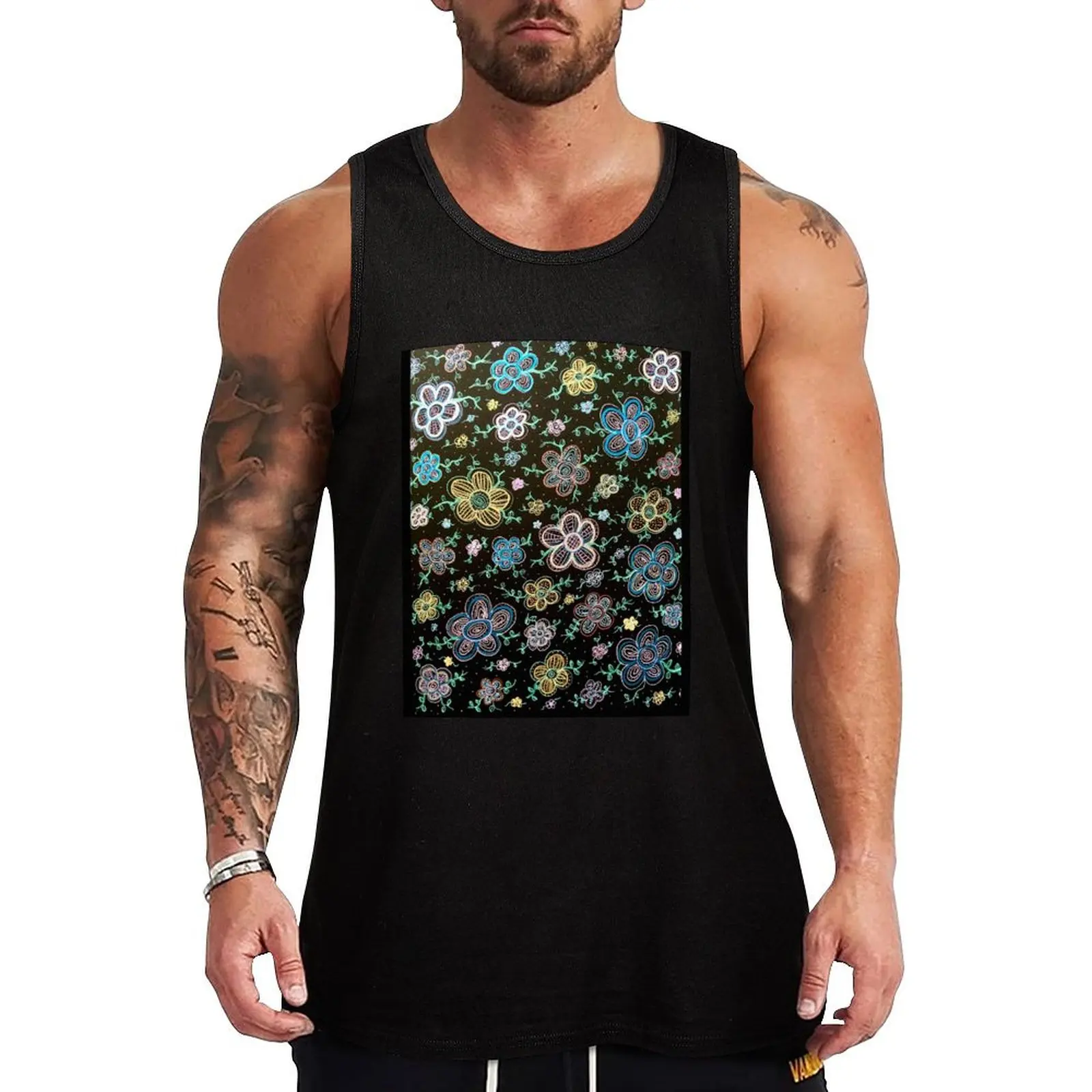 

Floral Pattern on Black Tank Top gym Men's t-shirts t-shirt for man