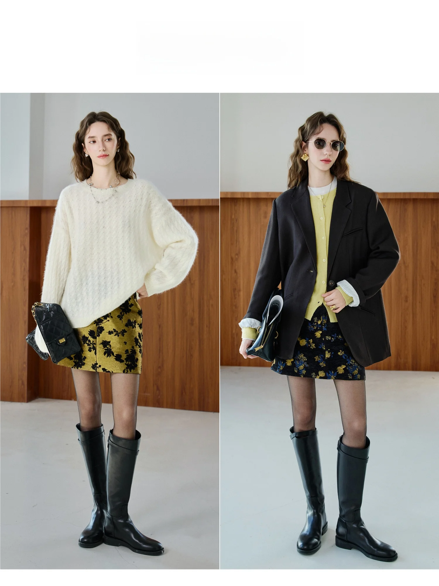 하이웨이스트 스트레이트 컷 헴 스커트 양면 착용 가능 플로럴 자수 원단 여성 패션 출퇴근용 폴리에스터 섬유 A라인 스커트