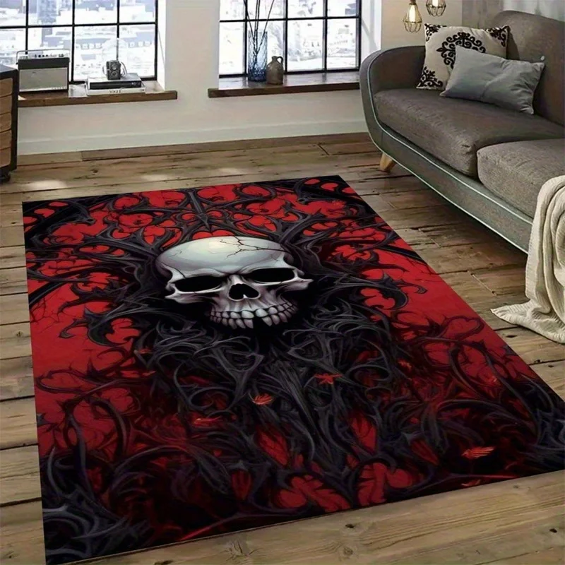 Skull Carpet Living Room Large Rug Halloween Bedroom Decor Goth Red Black Thorn Mat