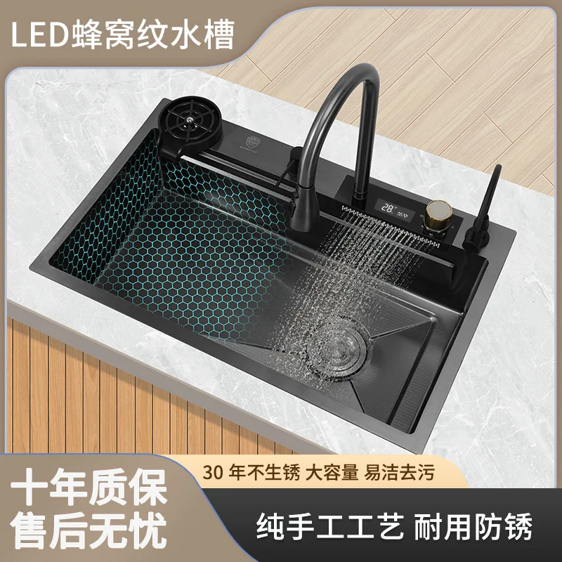 

Kitchen nano stainless steel sink digital display faucet household handmade large single slot