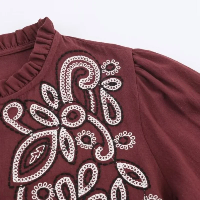 Embroidered Shirt French Fashion Autumn Spring Tops Women Loose O-neck Lady Office Shirt Streetwear Lantern Sleeve Top