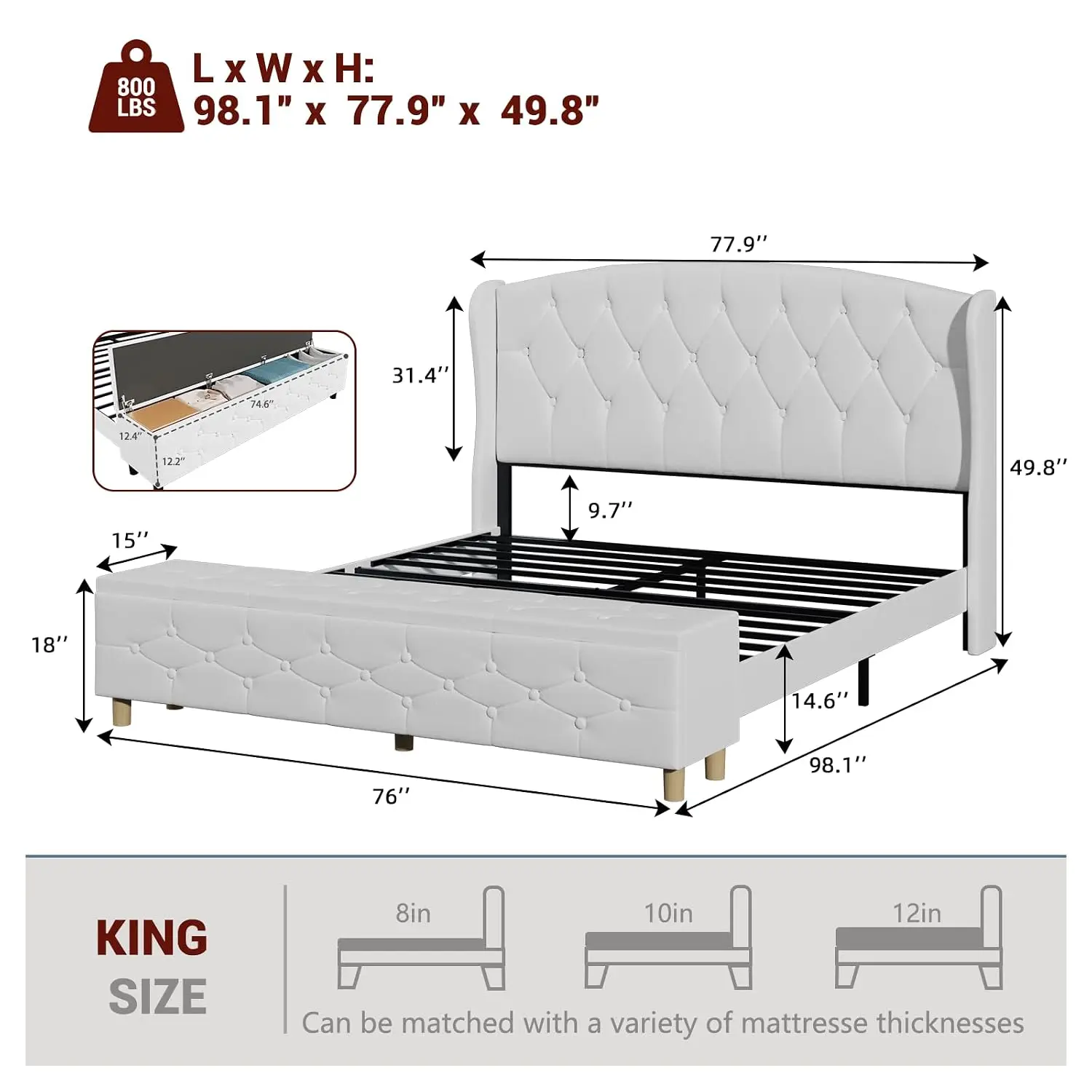 King Bed Frame with Footboard Storage, Upholstered Platform Bed Frame with Button-Tufted Wingback Headboard,Metal, Customized