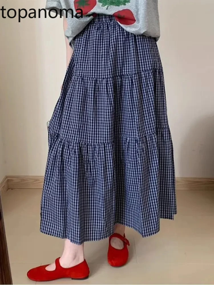 

Topanoma Plaid Skirts Women Stretch High Waist Patchwork Loose Sweet Vintage Summer Fashion Elegant Long Skirt Ladies Casual