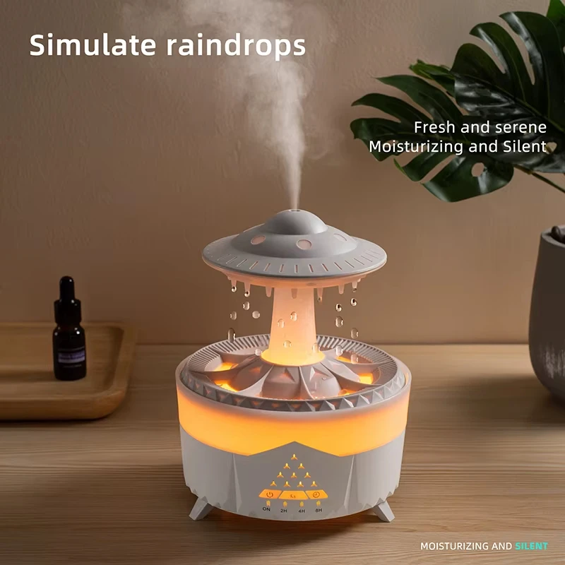 Cloud Rain Humidifier Water Drip 300ml Cloud Rain Aromatherapy Essential Oil Diffuser with UFO Design Raining Cloud Night Light