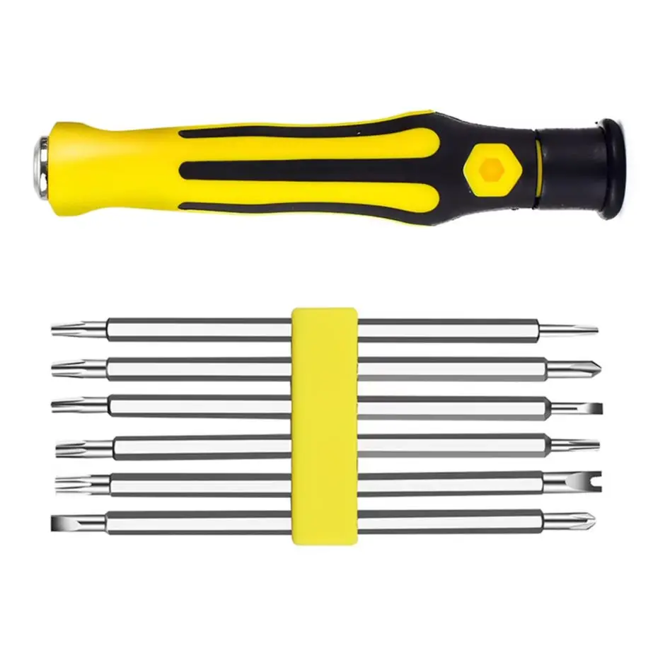 Yellow 6 In 1 Set Safety Tamper-Proof Magnetic Screwdriver Bit Hex Torx Screwdriver Head Flat Hand Tool 19set/lot