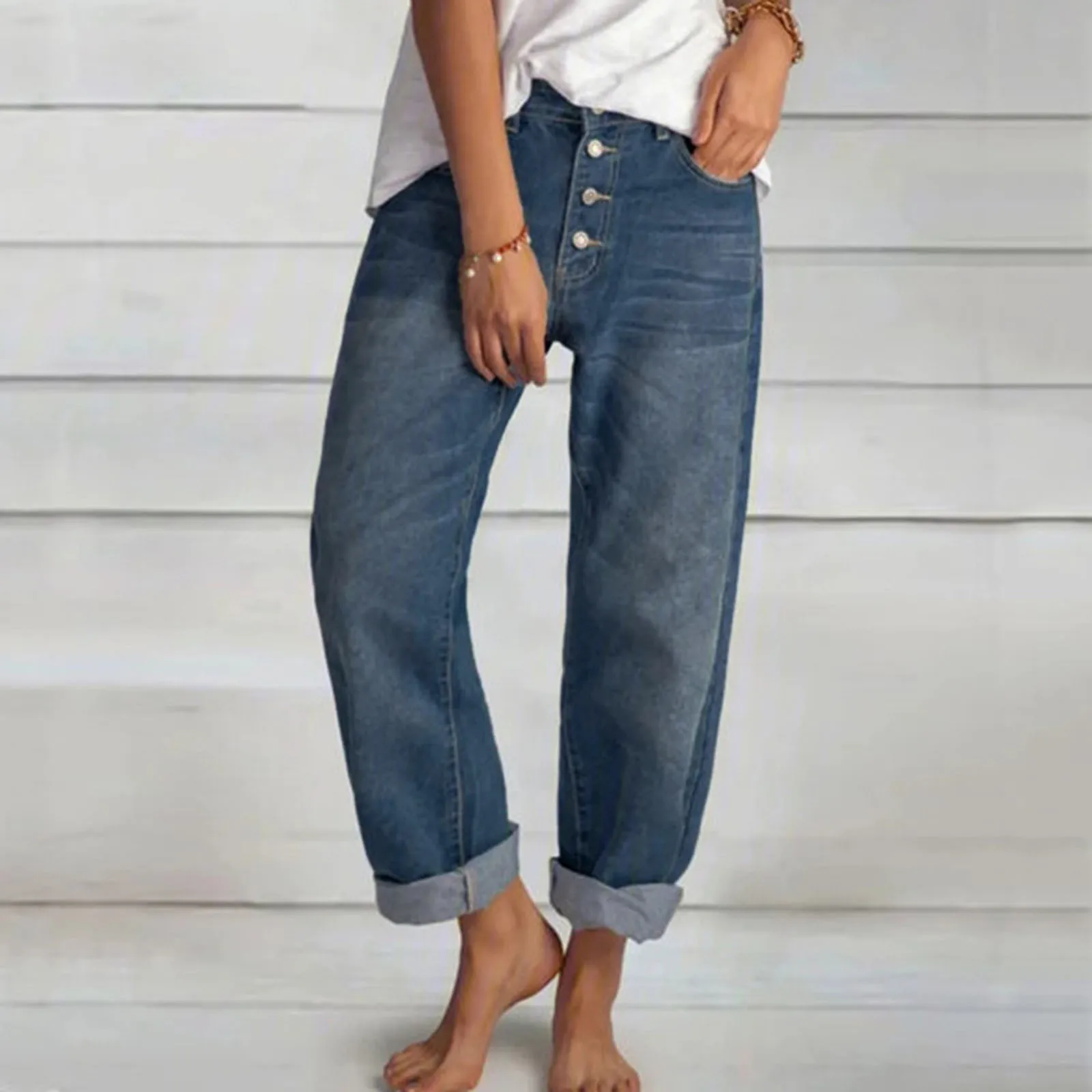 New Women Versatile Simple Denim Pants High Waist Single-breasted Splicing Straight Jeans Female Loose Casual Washable Trousers