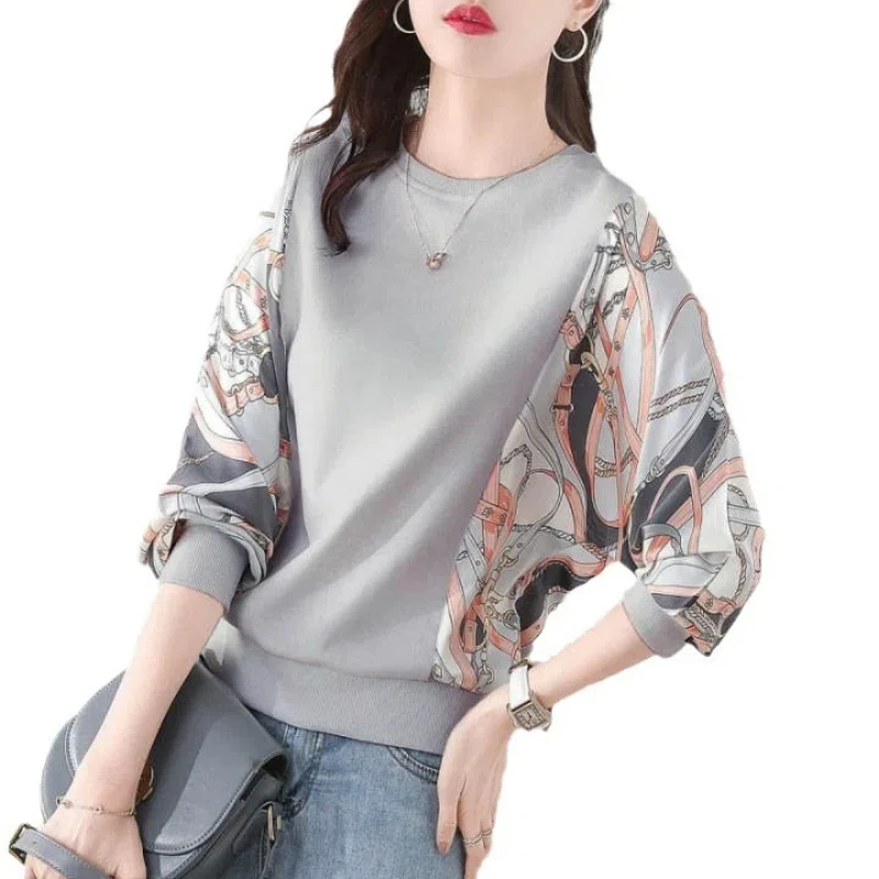 

2023 New Women's Printing Sweatshirts Spring and Autumn Fashion tops Large Loose Round Neck Splicing elegant All-match Pullover