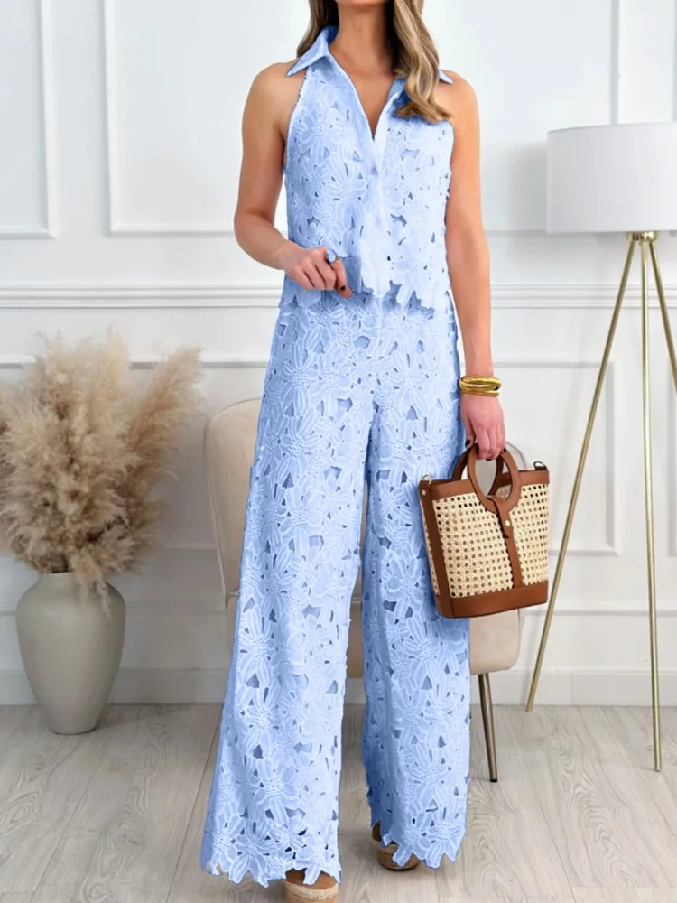 Lady Hook Flower Hollow Set Fashion Sleeveless V Neck Tops+High Waist Wied Leg Pants 2 Piece Sets Women Holiday Chic High Street