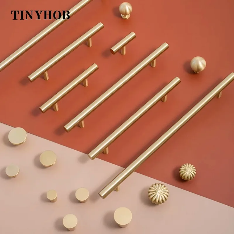 Tinyhob Gold Solid Brass Cabinet Handles Furniture Bathroom Drawer Pulls Drawer T Bar Kitchen Furniture Handle Hardware