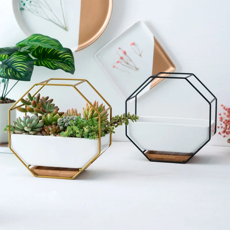 White Ceramic Planter Pot Creative Metal Iron Rack Simple Octagonal Geometric Wall Hanging Flower Pot Bamboo Tray Iron Frame